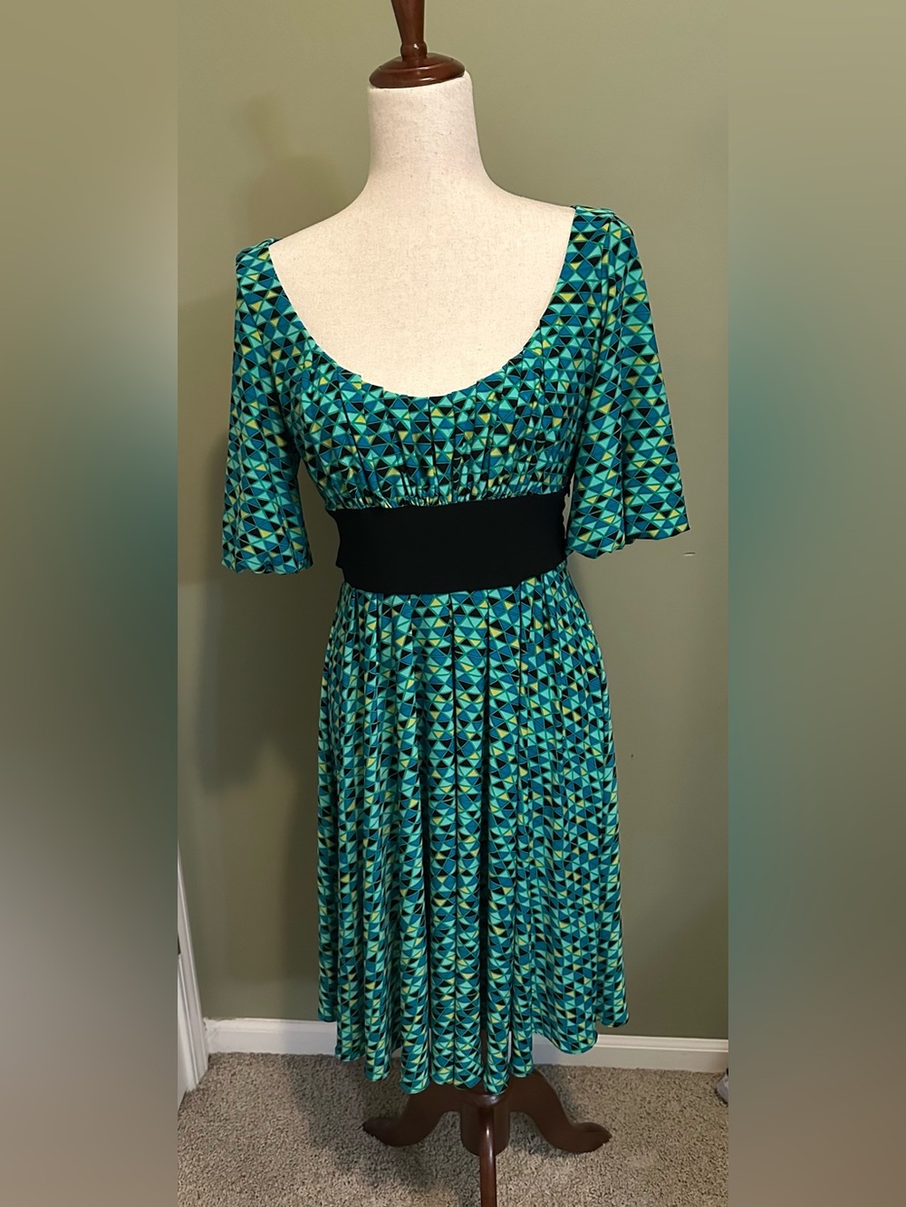 Nine West Teal & Black Geometric Midi Dress